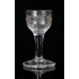 George III cordial glass, 18th Century, the bowl engraved with grapes and leaves the opposing side