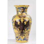 Large Italian majolica vase, the yellow ground with central crest depicting a crown above a double
