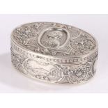 Dutch silver box, of oval form, the lid with depiction of a gentleman surrounded by foliate scrolls,