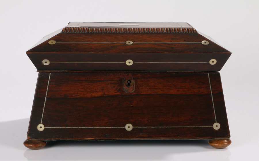 Victorian rosewood and mother of pearl inlaid jewellery box, the hinged top above an angled base