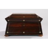 Victorian rosewood and mother of pearl inlaid jewellery box, the hinged top above an angled base