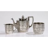 Victorian silver three piece tea set, Sheffield 1874, maker William & Henry Stratford, the bodies