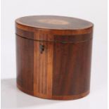 George III mahogany and inlaid tea caddy, the oval caddy with a shell inlaid hinged lid above inlaid