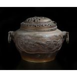 Japanese bronze censer, of large proportions, the pierced top with a scholar by his table and