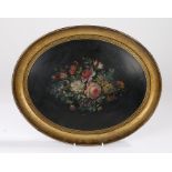 Victorian papier mache tray, with painted flowers to the centre of the oval tray with a gilt edge,