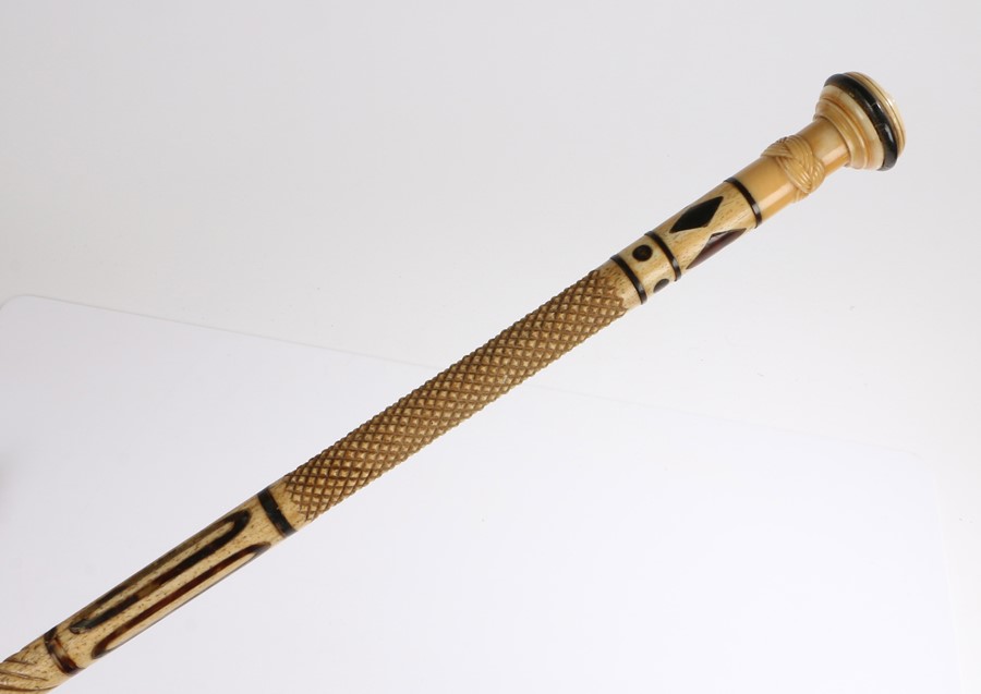 George III whalebone and tortoiseshell walking stick, the turned handle above a section of marine - Image 2 of 2