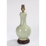 Chinese celadon glaze vase, converted to a lamp, with flower decoration, 24cm high excluding the