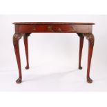 George III red lacquer centre table, the rectangular top with an Oriental scene, figures to the