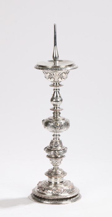 Late 19th Century Elkington style, silver plate on copper, pricket candlestick, the detachable