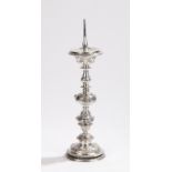 Late 19th Century Elkington style, silver plate on copper, pricket candlestick, the detachable