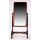 Victorian mahogany cheval mirror, the rectangular mirror plate with an arched frame held between