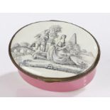 18th Century South Staffordshire enamel snuff box, the white lid with depiction of a couple in a