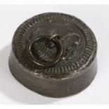 Unusual 19th Century lead paperweight, embossed with a swan, 9cm diameter
