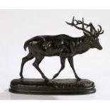 19th Century bronze figure depicting a stag, signed Barye, 21cm wide, 18cm high,