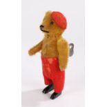 Schuco clockwork bear toy, original red felt trousers, leather belt, felt hat with tassel (now