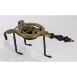 Victorian Longfields patent brass trivet, lyre form with a hinged brass stand above the bowl