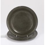 Pair of early 18th Century pewter plates, circular dish form with Hitchman of London touch marks,