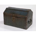 18th Century American Folk Art blue painted casket, the angled top above a pair of swing handles and