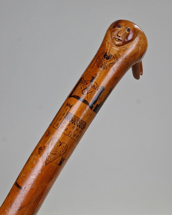 Rare named and dated circa 1819 Masonic cane, the top in the style of a bird, decorated with penwork