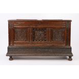 17th Century oak Marriage coffer, the rectangular twin panel coffer with carved text to the first