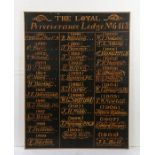 The Loyal perseverance Lodge No 6413, Oddfellows Watford Lodge board, with a row of names from