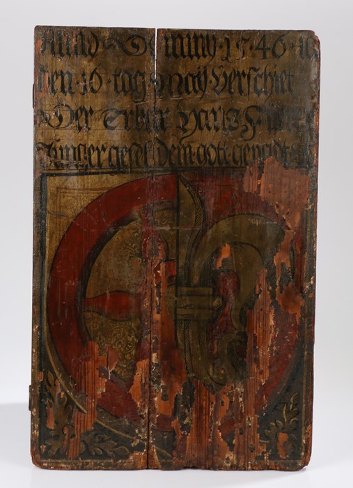 German Polychrome Panel, dated 1546 Provenance: The Coats of Arms displayed appear to be those of