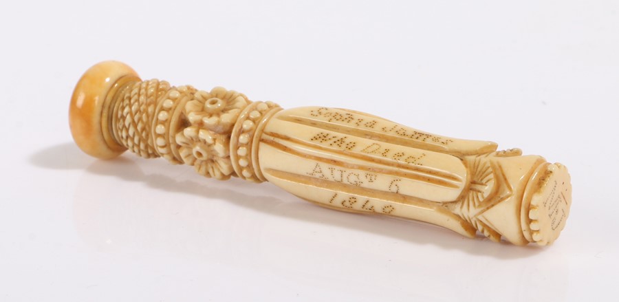 19th Century ivory needle case, the body with inscription "In Memory Of Sophia James Who Died AugT 6