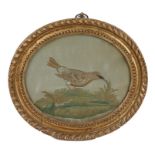 19th Century silkwork picture, of a bird standing on grass, 19cm diameter, housed within a gilt