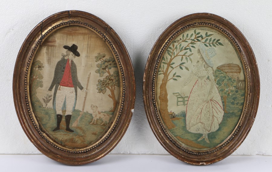 Two 19th Century silkwork pictures, the first depicting a hunter with his musket and a bird, a dog