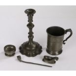 Pewter, to include a Victorian pint mug, a pipe and pipe rest, a table salt and a candlestick, (5)