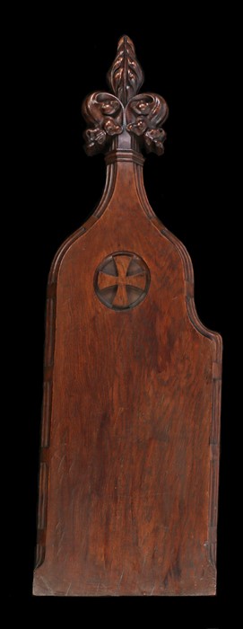 18th Century pew end, with carved as oak leaves above the Cross and rectangular body, 142cm high