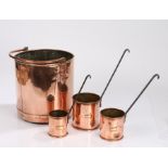 Graduated set of three 19th Century copper grain measures, with brass plaques engraved grain and