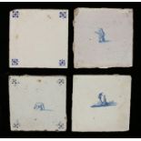 Four 18th Century Delft tiles, to include a bear running, a church and musician playing a violin and