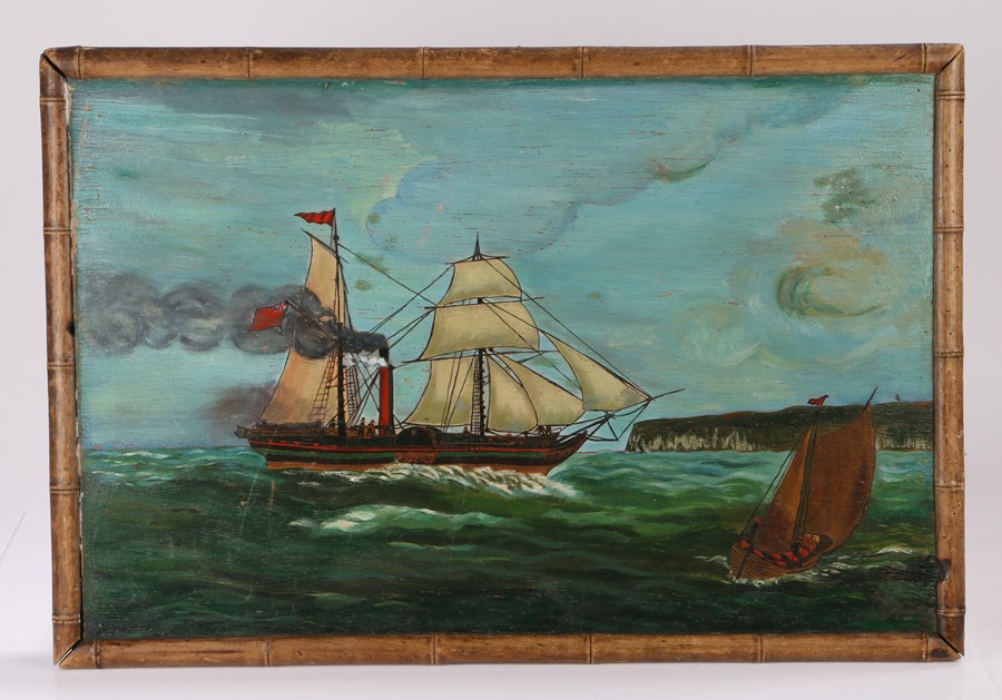 Late 19th Century Folk Art marine painting, the primitive picture painted on a table top showing a