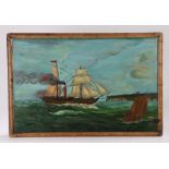 Late 19th Century Folk Art marine painting, the primitive picture painted on a table top showing a