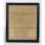 George III sampler, dated 1807, with rows of the alphabet and numbers above a poem and the name Mary