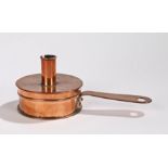 19th Century copper tinderbox, the candle holder opening to the storage area and damper, a long