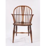 19th Century elm and ash Windsor chair, the arched back with a central splat and spindles above a