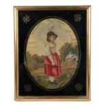 Early 19th Century silk work of a girl, standing in a lane near a cottage, inscribed on the back and