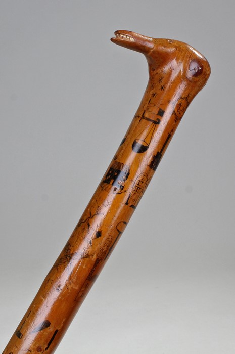 Rare named and dated circa 1819 Masonic cane, the top in the style of a bird, decorated with penwork - Image 2 of 3