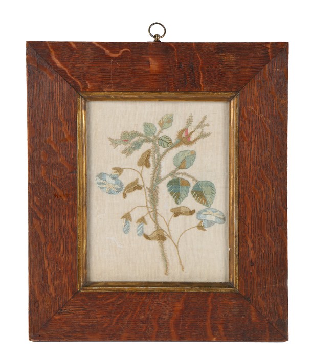 19th Century silk embroidery, depicting a flower sprig, 14cm x 18cm, house within an oak frame