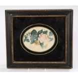 Early 19th Century watercolour of flowers, in blues, reds, yellow and green, within the black and