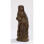 19th Century carved oak figure, carved as Mary holding Jesus on a plinth base, 30cm high