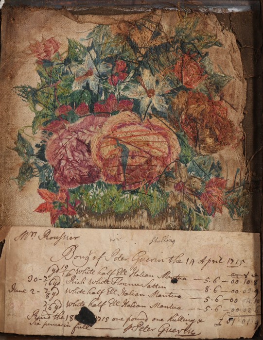 Two early 18th Century silk embroideries, circa 1715, both with a jardinière rested on a table top - Image 3 of 3