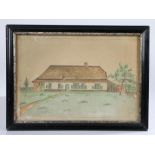 Early 20th Century primitive picture, of a cottage with thatch roof, pencil signed and dated to