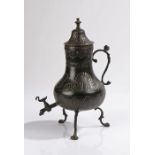 Unusual 19th Century copper pot, with a finial top above a bulbous body, embossed fan and fleur de