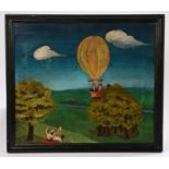 British Folk Art picture, G Gladstone, with a brightly painted balloon to the centre of the