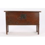 17th Century oak six plank coffer, of small proportions, the rectangular top with thumb moulded