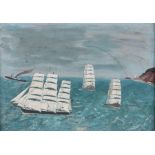 Naive painting of three views of a three masted sailing ship, and a steam ship with a lighthouse