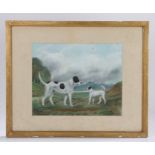 J S Warwick, British Naïve school, two dogs standing in a landscape of rolling hills, pastel